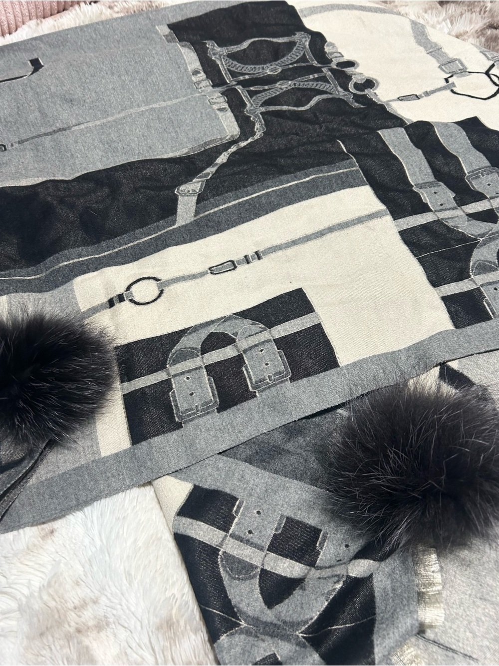 Luxury Equestrian Print Wrap Scarf Real Fox Fur Pom Poms Gray Black Shawl
